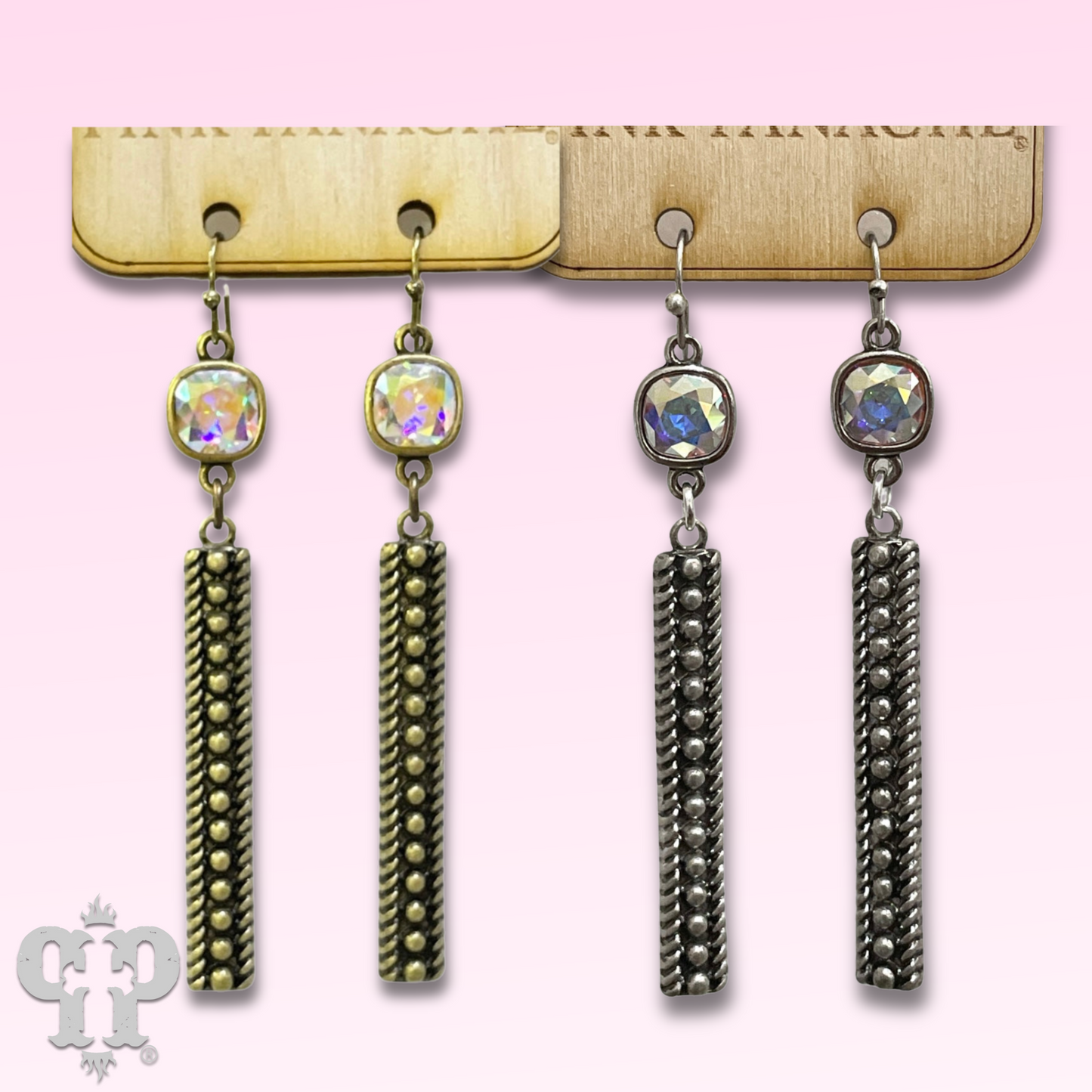 Textured rectangle bar earring with Austrian crystal