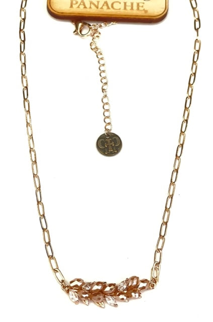 Gold tone paperclip chain necklace with cluster bicone beads