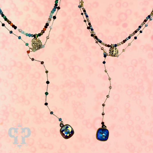 Double strand linked bead necklace with Austrian crystal pendant