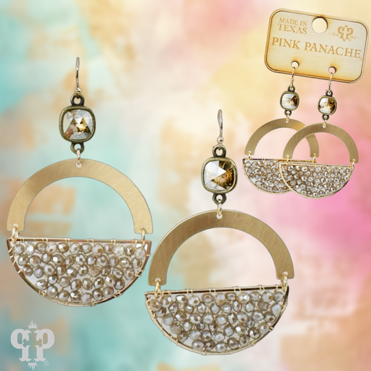 Gold beaded half circle and Austrian crystal dangle earring