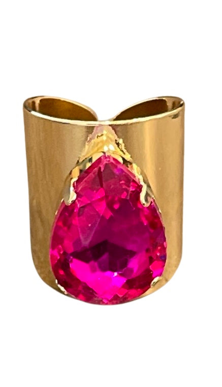 Fuchsia rhinestone teardrop gold ring