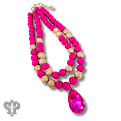 Fuchsia wood bead necklace, teardrop charm