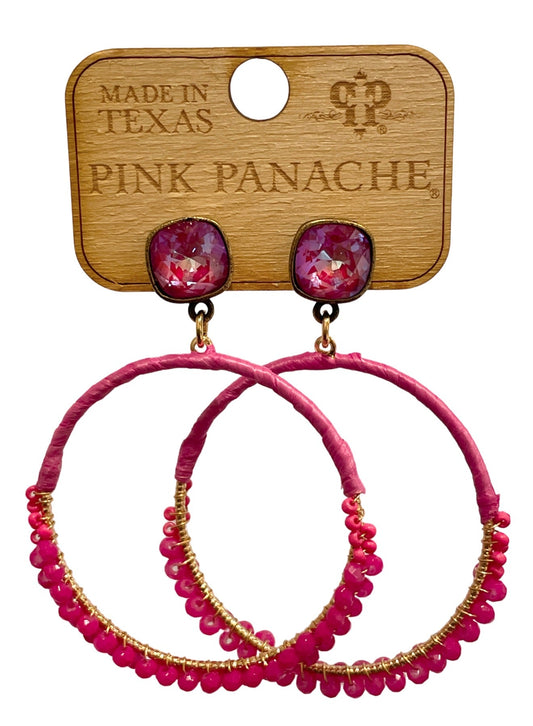 Fuchsia bead wrapped circle earring, Austrian crystal