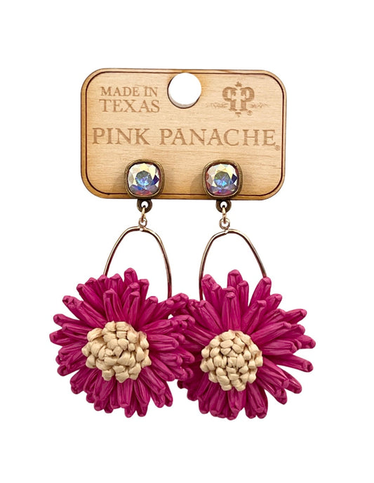 Fuchsia raffia flower earring, Austrian crystal