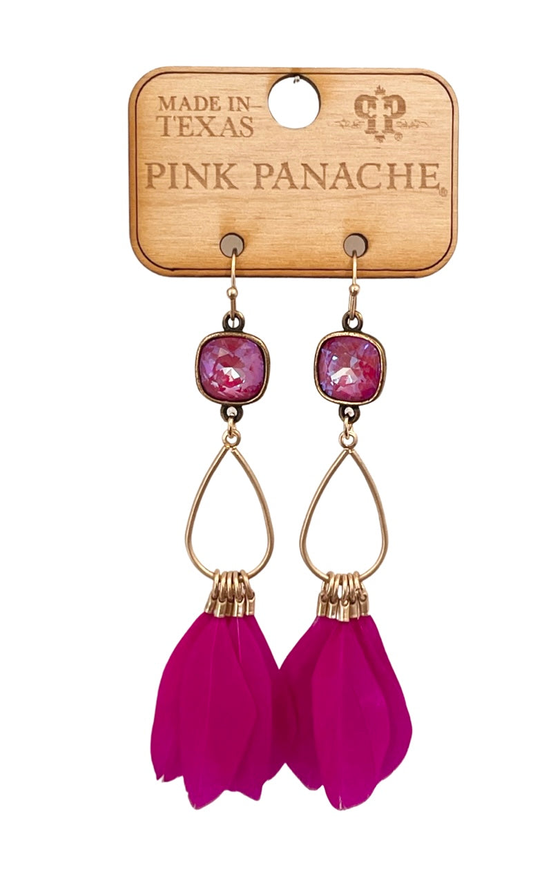 Fuchsia feather fringe earring, Austrian crystal