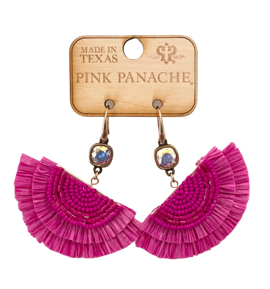 Fuchsia raffia fan earring, Austrian crystal