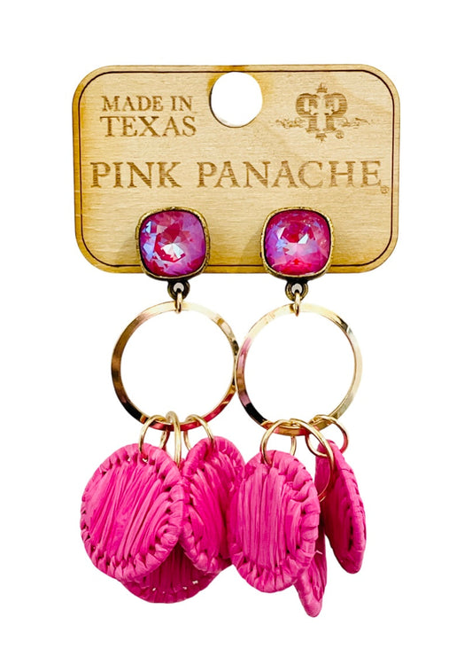 Fuchsia raffia disc circle earring,  Austrian crystal