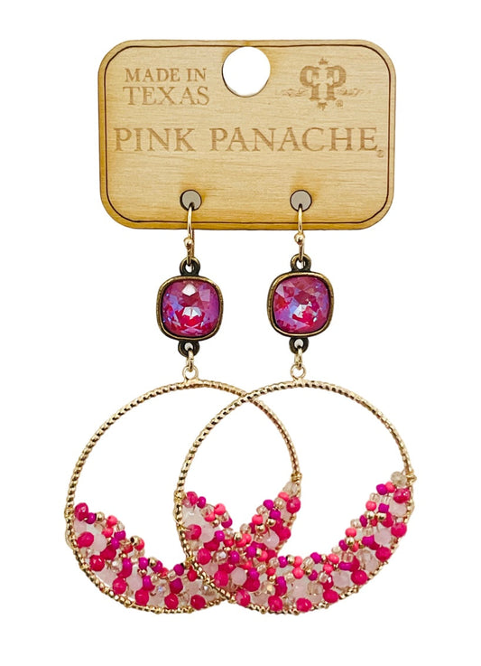 Fuchsia seed bead circle earring, Austrian crystal