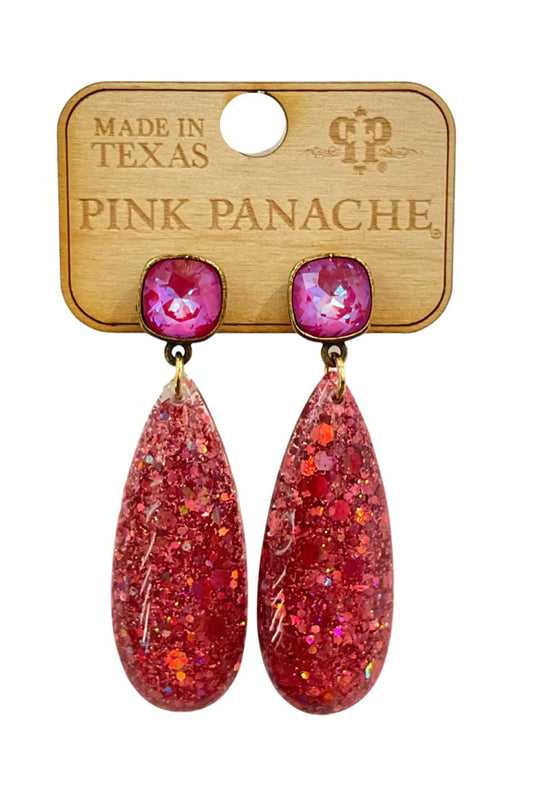 Fuchsia glitter acrylic teardrop earring, Austrian crystal