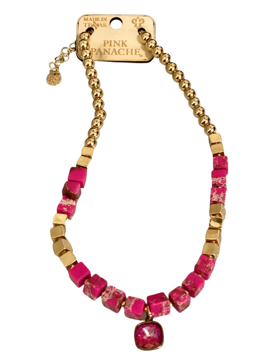 Fuchsia square bead necklace, Austrian crystal