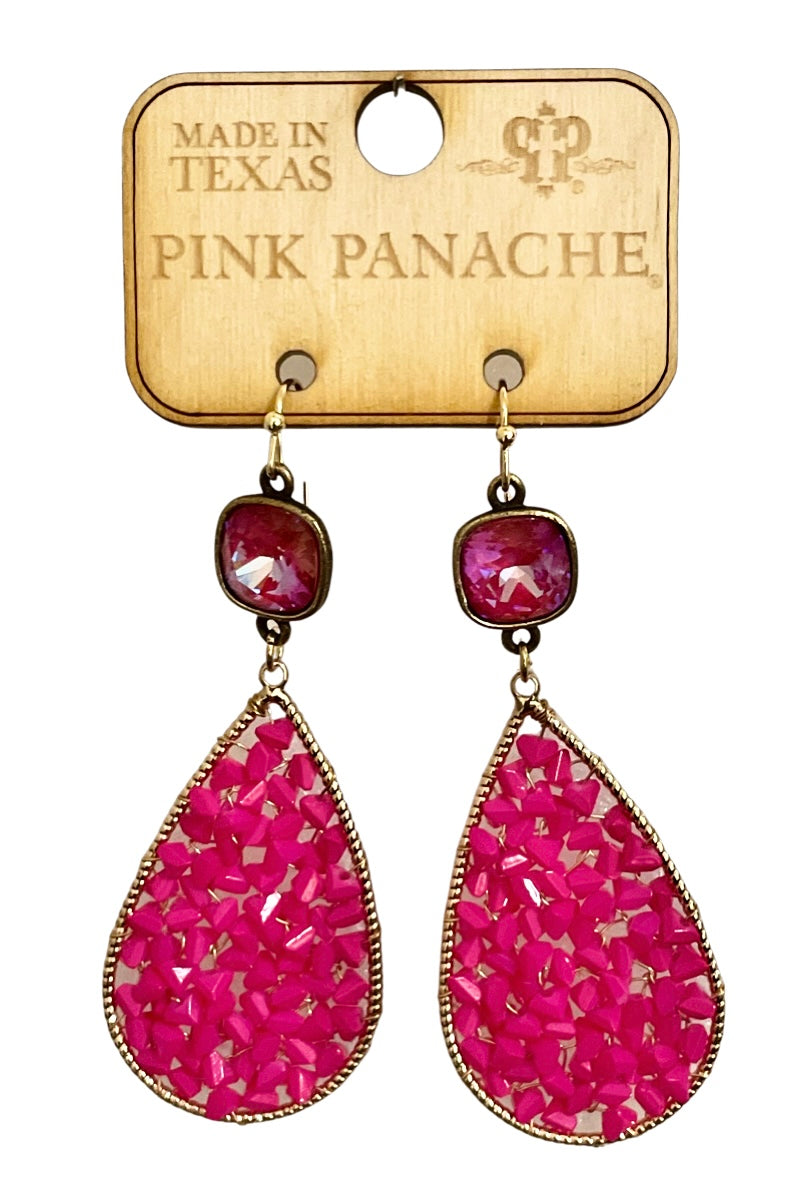 Fuchsia woven bead teardrop earring, Austrian crystal