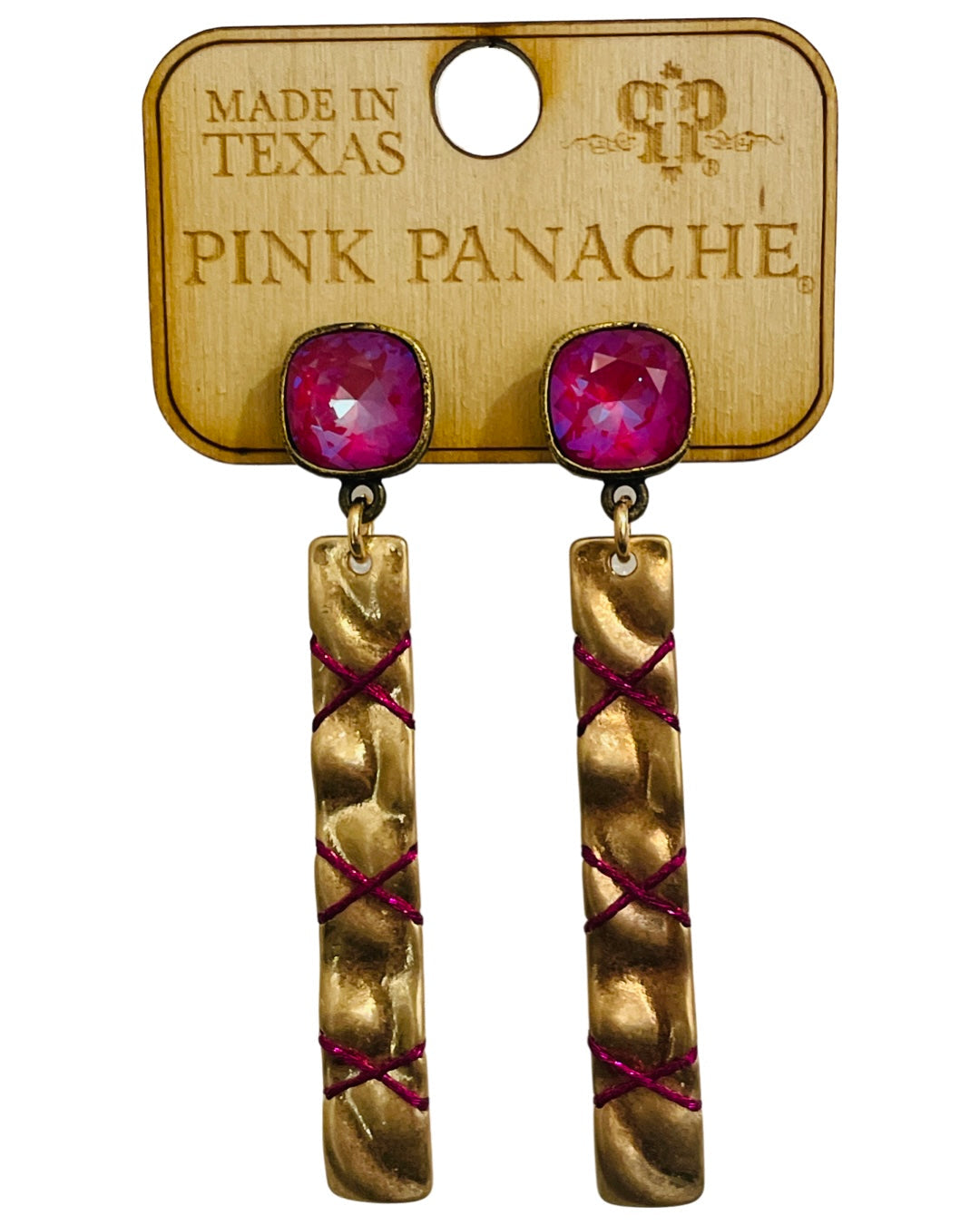 Gold bar, fuchsia thread earring, Austrian crystal