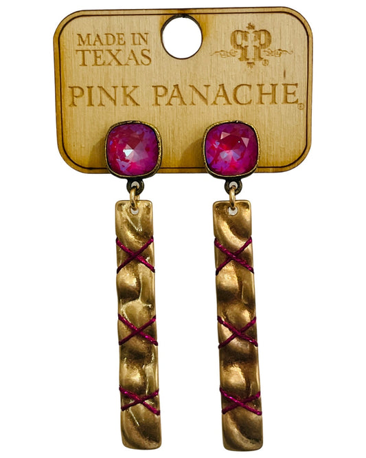 Gold bar, fuchsia thread earring, Austrian crystal