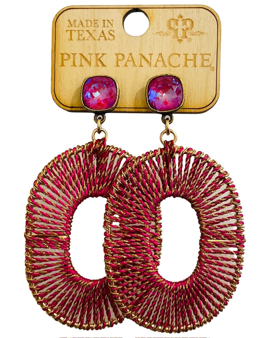 Fuchsia woven oval earring, Austrian crystal