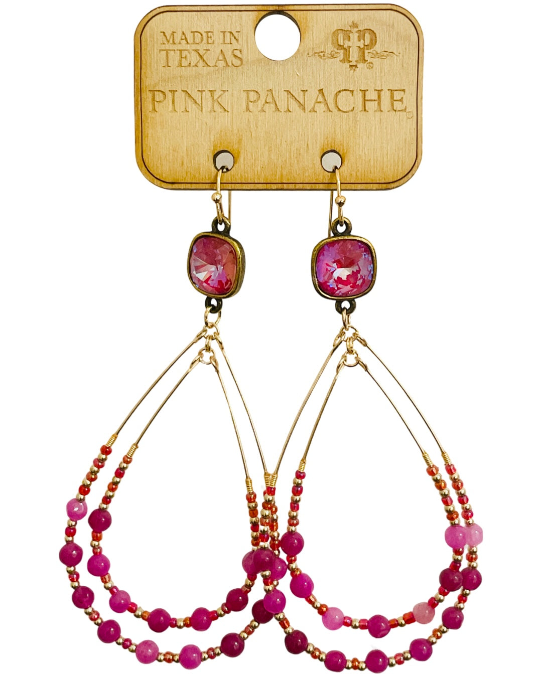 Fuchsia bead double teardrop earring, Austrian crystal