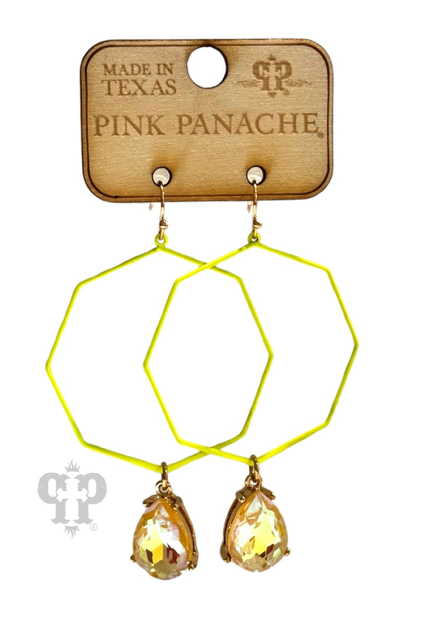 Neon octagon earring with rhinestone teardrop charm