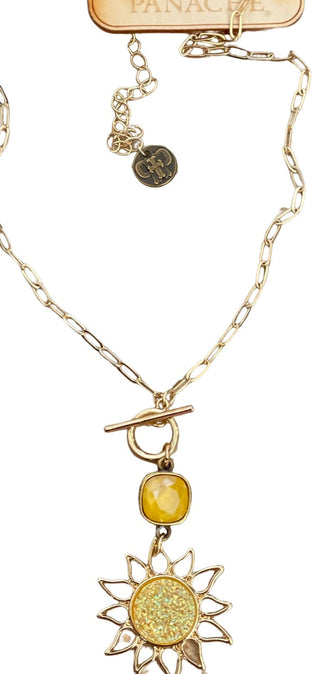 Sparkling druzy style sun pendant necklace with Austrian crystal - LC