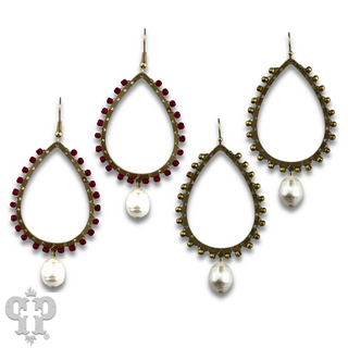 Seed bead wrapped teardrop earring with freshwater pearl