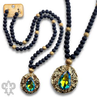 Wood and foil texture bead necklace with disc pendant