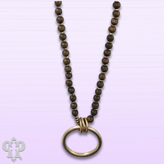 Wood bead necklace with matte gold finish pendant, last call
