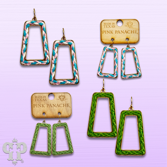 Braided raffia rectangle earring with Austrian crystal, last call