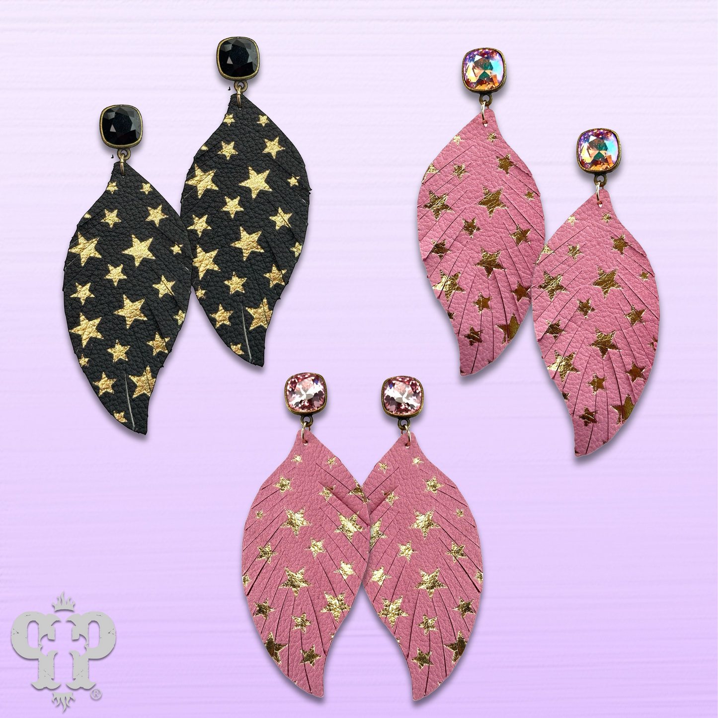 Star emobssed leather feather earring with Austrian crystal, last call
