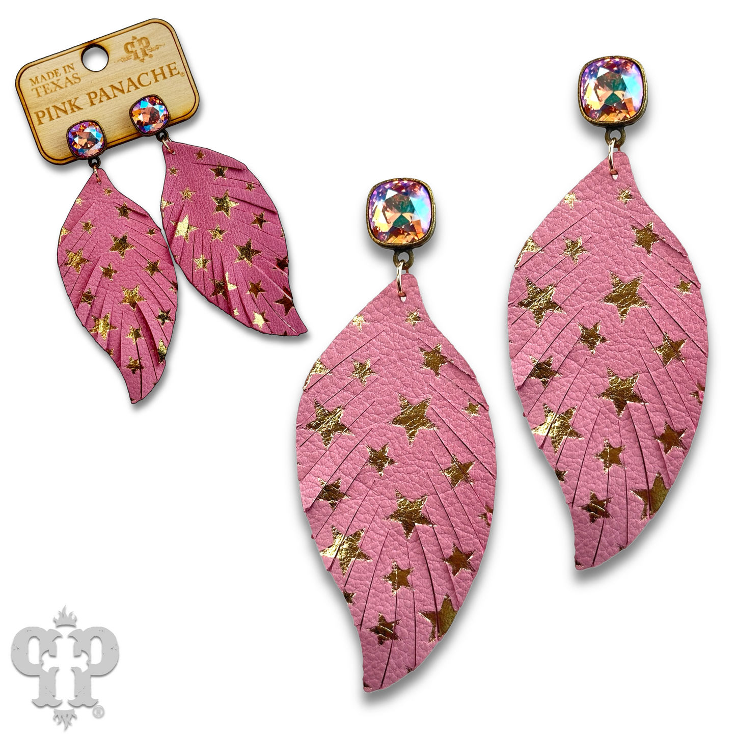 Star emobssed leather feather earring with Austrian crystal, last call