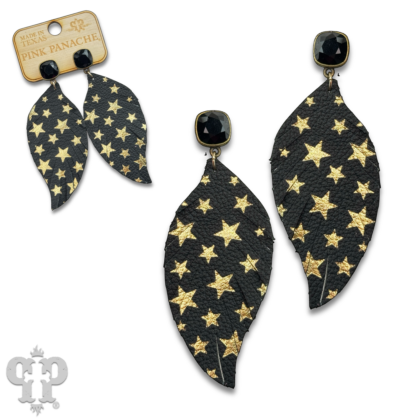 Star emobssed leather feather earring with Austrian crystal, last call