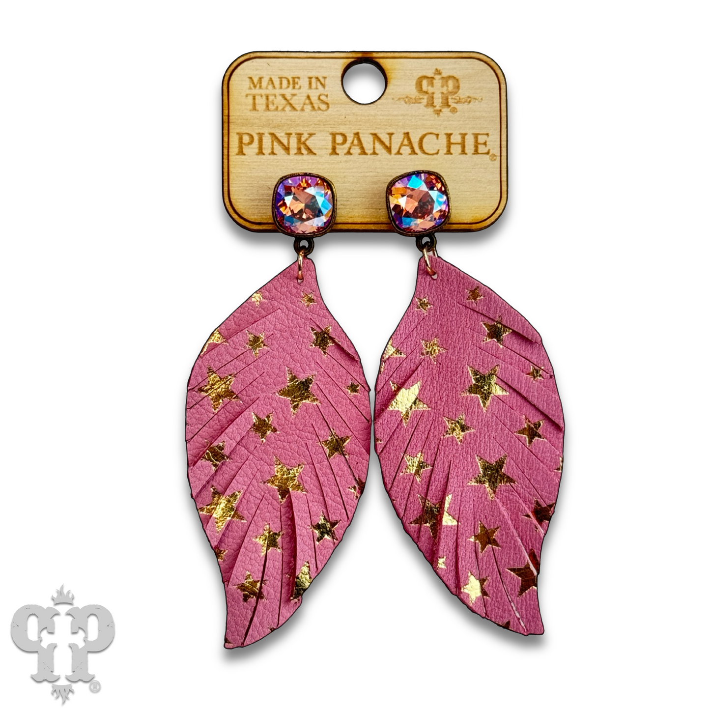 Star emobssed leather feather earring with Austrian crystal, last call