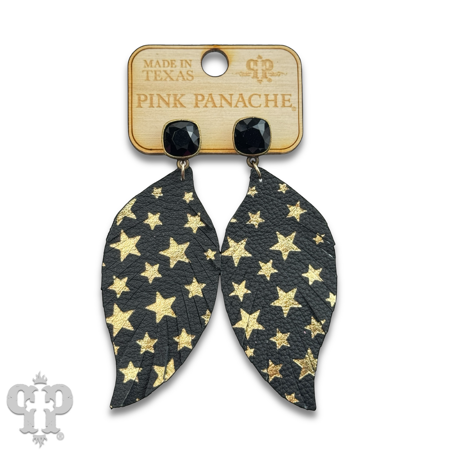 Star emobssed leather feather earring with Austrian crystal, last call
