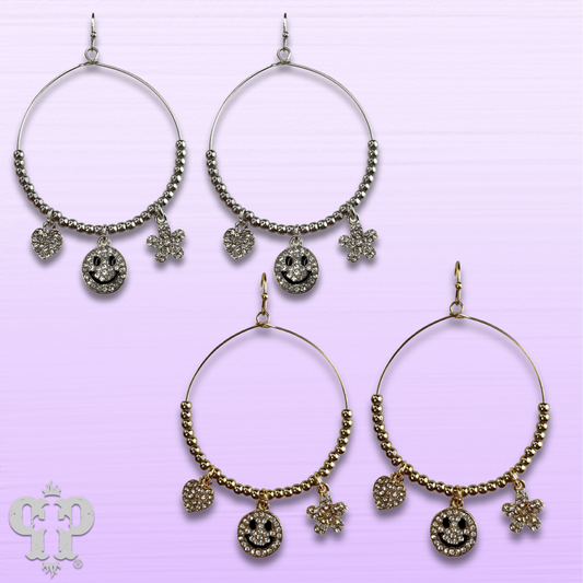 Rhinestone happy face charm circle earring, last call