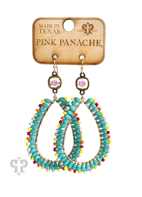 Turquoise seed bead wrapped teardrop earring, Austrian crystal