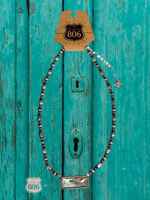 Rectangle rhinestone, burnished bead necklace