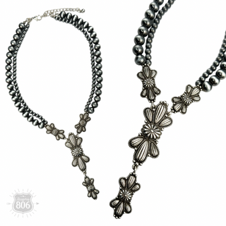 Western style pearl necklace with butterfly concho pendant