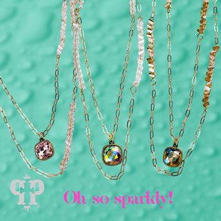 Long paperclip chain and bead necklace with Austrian crystal pendant