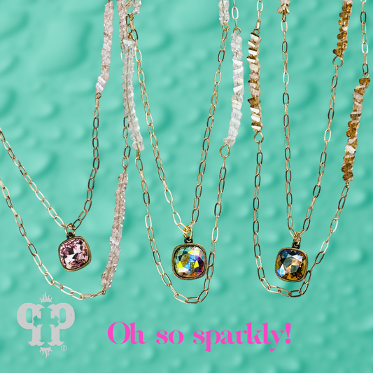 Long paperclip chain and bead necklace with Austrian crystal pendant