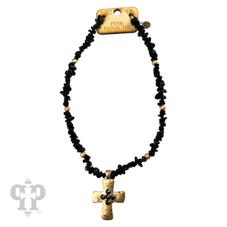 Austrian crystal cross pendant on chip bead necklace