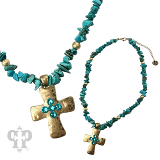 Austrian crystal cross pendant on chip bead necklace