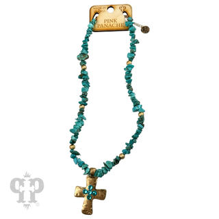 Austrian crystal cross pendant on chip bead necklace