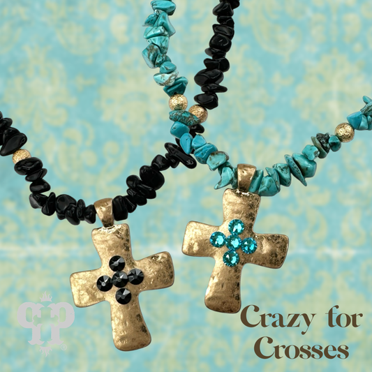 Austrian crystal cross pendant on chip bead necklace