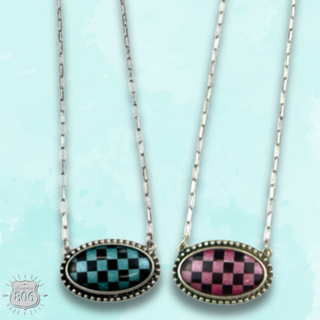 Checkerboard print oval pendant necklace