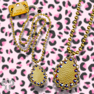 Gold ball chain necklace, leather teardrop pendant, Austrian crystals