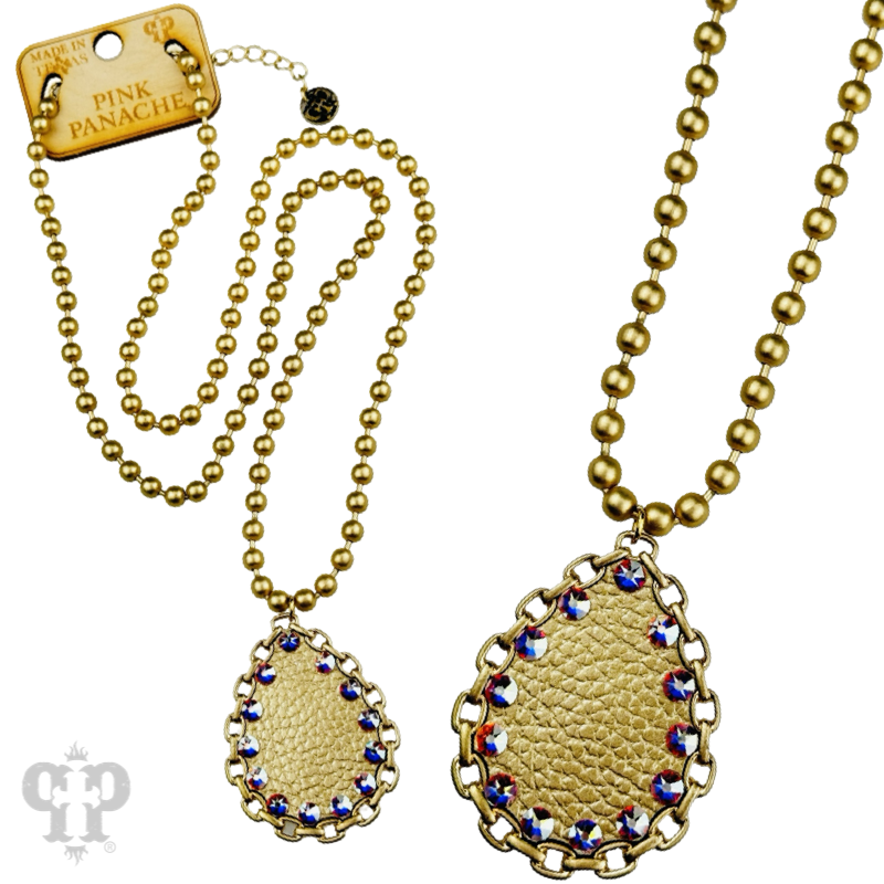 Gold ball chain necklace, leather teardrop pendant, Austrian crystals