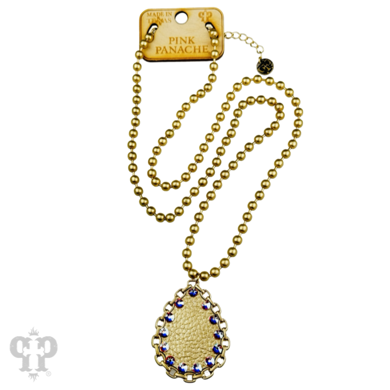 Gold ball chain necklace, leather teardrop pendant, Austrian crystals
