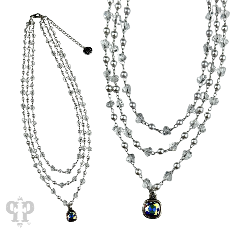 Three strand pearl and faceted acrylic bead necklace, Austrian crystal