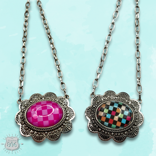 Oval checkerboard pendant necklace