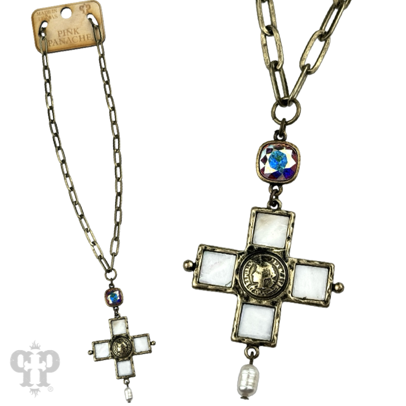 Iridescent pearl cross and coin necklace, Austrian crystal