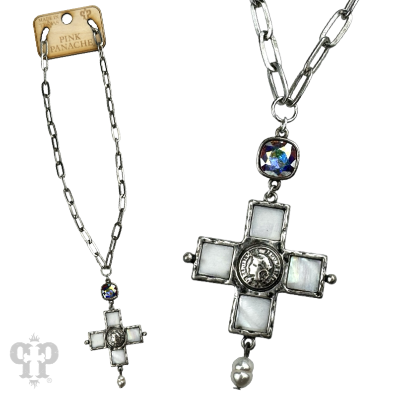 Iridescent pearl cross and coin necklace, Austrian crystal