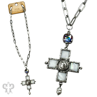 Iridescent pearl cross and coin necklace, Austrian crystal