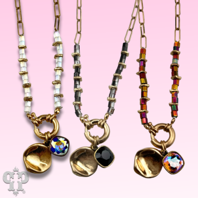 Gold paperclip chain and square glass bead necklace with Austrian crystal